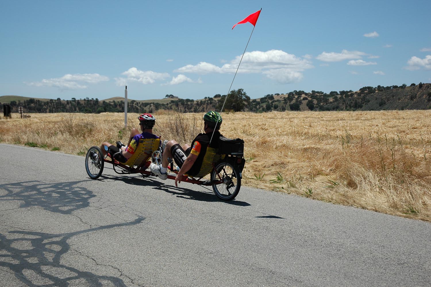 Recumbent Tandem Team on the road outside Paso Robles, California