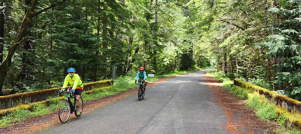 Photo of wo women cyclists riding a narrow, quiet country road through a forest of deep green trees. Photo copyright Dan Shryock.